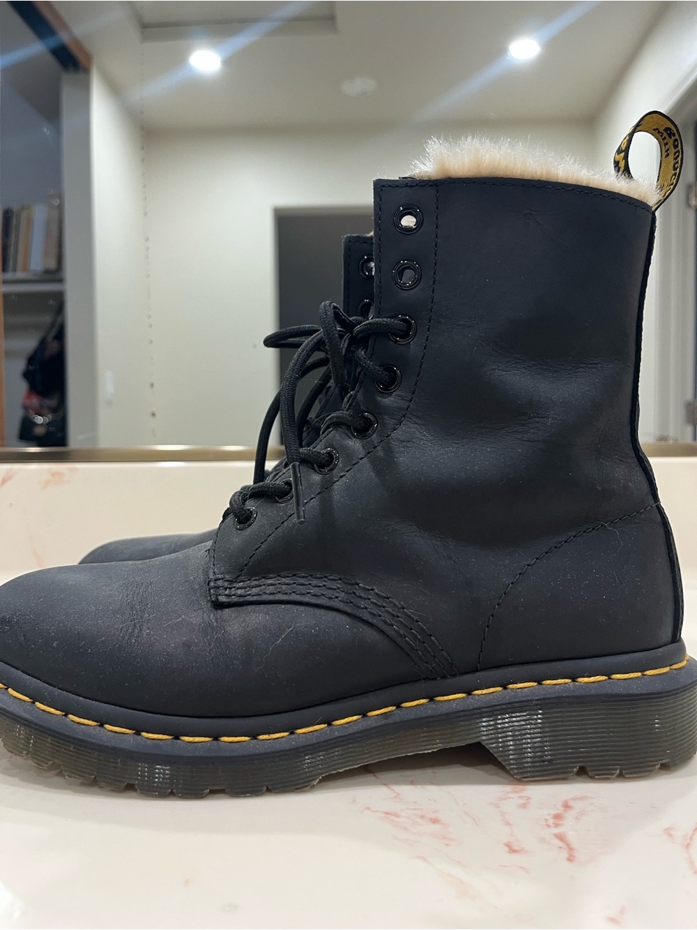 Dr. Martens Black Lace-Up Leather Boots with Cream Fleece Collar